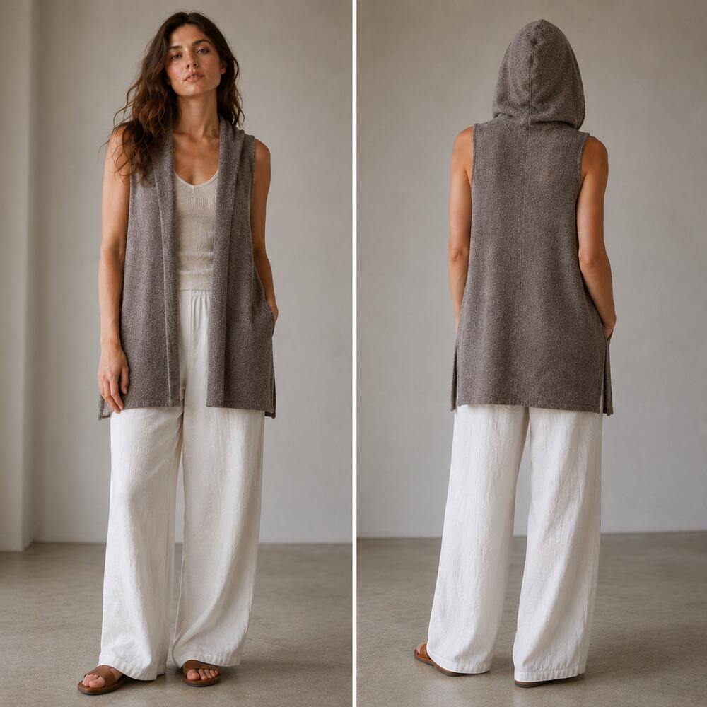 100% 2-Ply Cashmere Hooded Long Vest Cardigan Taupe S Heritage Luxe
